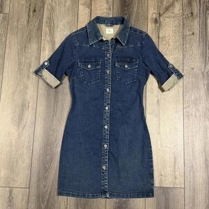Wash Lab Denim Pieced Mini Shirt Dress Dark Wash Blue S Casual Western Chic